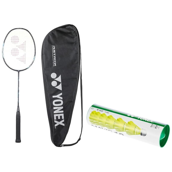 Yonex Graphite Badminton Racquet ASTROX LITE 27i G4, 77 Grams, 30 Lbs Tension, Colour - Blue, Grip Size - 3 3/4 Inches   MAVIS10 Nylon Shuttlecock, Yellow, Pack Of 6 (Green Cap)