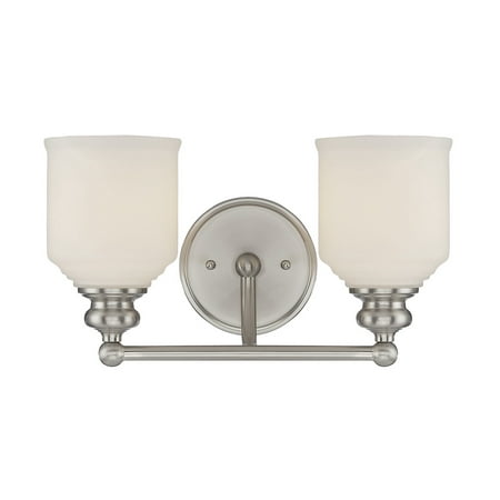 

Savoy House 8-6836-2-SN Melrose 2 Light Bathroom Vanity Light in a Satin Nickel Finish with White Opal Etched Glass (14.5 W x 7.75 H)