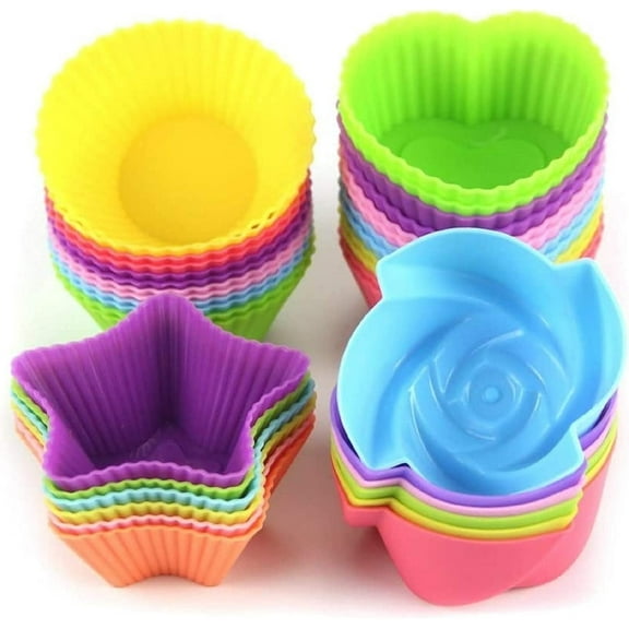 Silicone Cupcake Liners for Baking, 24-Piece Reusable Non-Stick Muffin Cups Set with 4 Shapes (Round, Stars, Hearts, Flowers) | Dishwasher Safe, BPA Free, Greaseproof Baking Molds