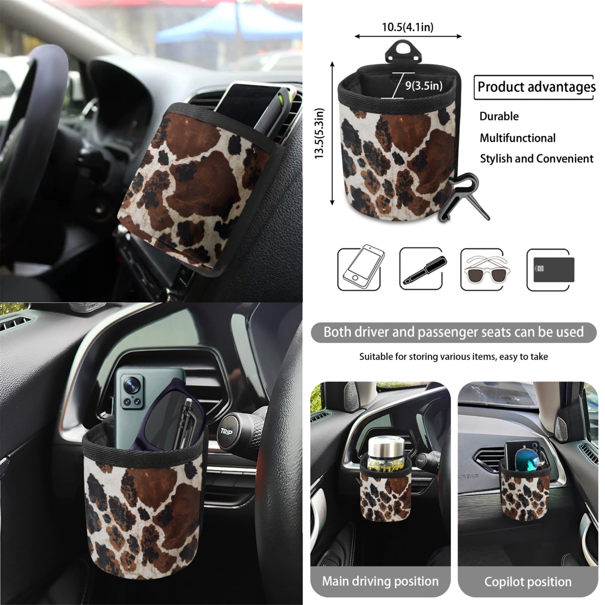 Yuyamidu Brown Cow Print Car Seat Cover 15 PCS Auto Front Back Seat Cover Steering Wheel Cover Seat Belt Pads Trash Bin Mount Phone Holder Rearview Mirror Cover Cup Holder Keychains Wristlet Strap