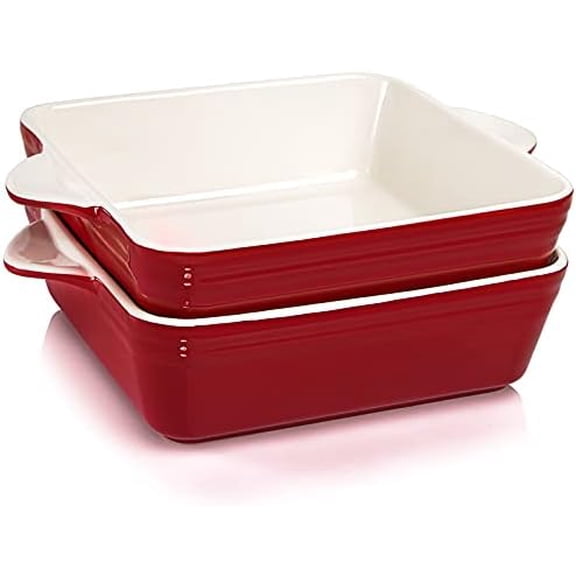 2 Pack Porcelain Baking Dish, Square 8.7 Inch Brownie Dish Lasagna Pan Roasted Meat Bakeware Set for Kitchen, 75 OZ Casserole Dish with Double Handle, Vintage Red