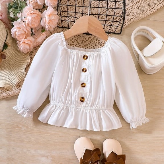 Huowey Teens Youth Girls Dress Shirts Off-Shoulder Long Sleeve Ruffle Flounce Button Solid Blouse Cozy Soft Stylish Tops Tee,White,2-3 Years