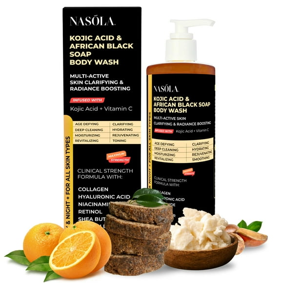 Nasola Jabón negro africano con ácido kójico, auténtico con vitamina C, manteca de karité, colágeno, niacinamida, ácido hialurónico y vitamina E, 11,83 onzas líquidas