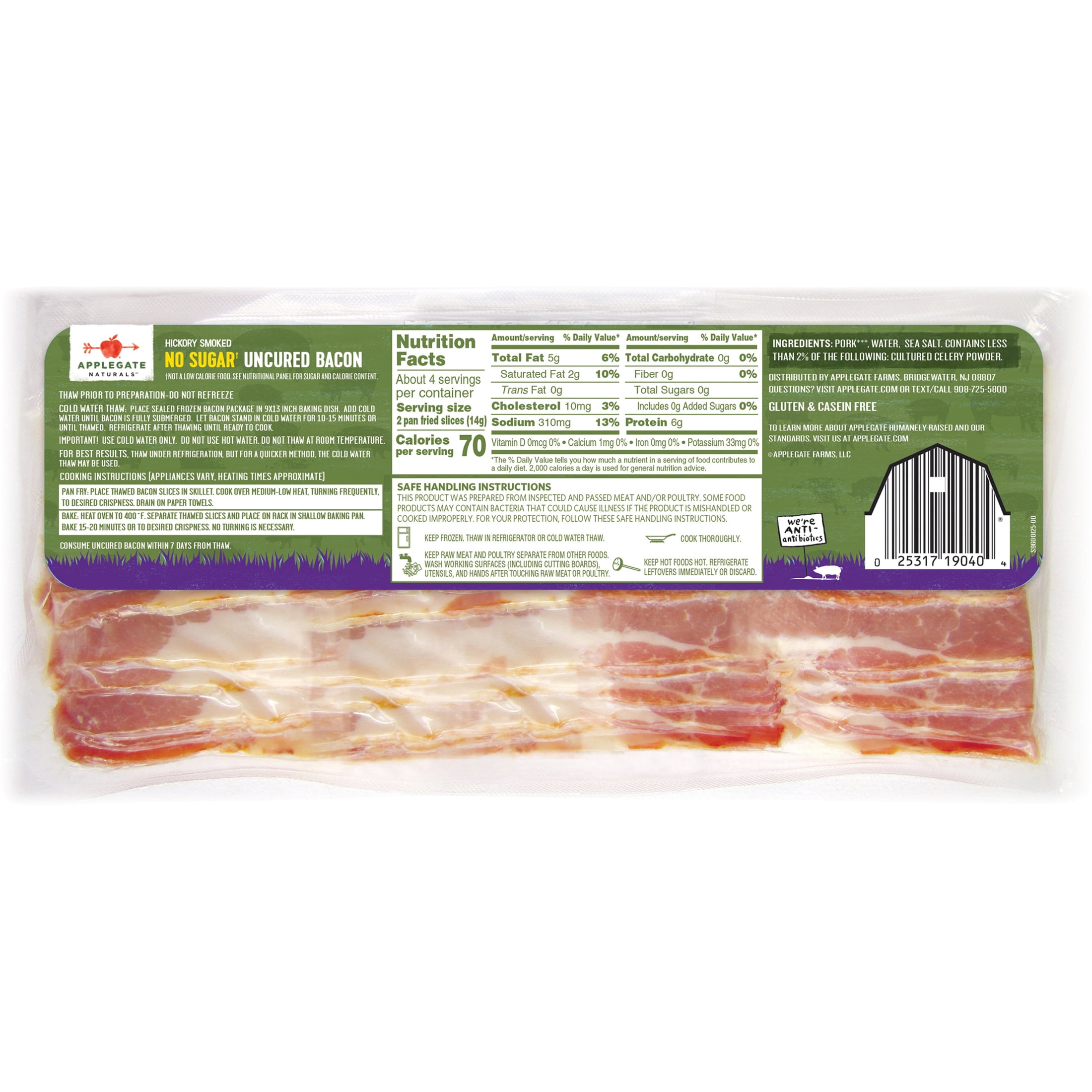 Applegate Naturals Hickory Smoked No Sugar Uncured Pork Bacon, 9oz, Frozen, Gluten and Casein Free