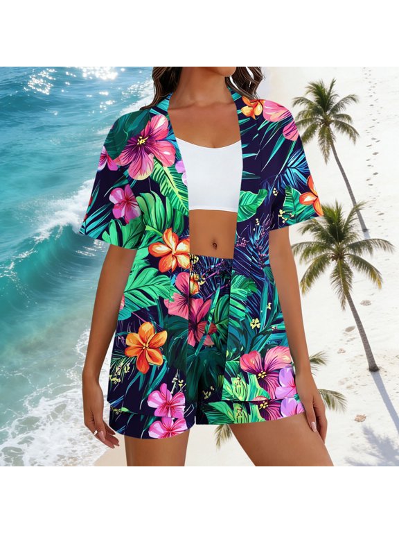Nmnitkp Women's Hawaiian Vacation Outfits Tropical Print Shirt and Shorts Set Floral Short Sleeve Button Down Shirts Outfits Beach Sets Resort Wear S-2XL