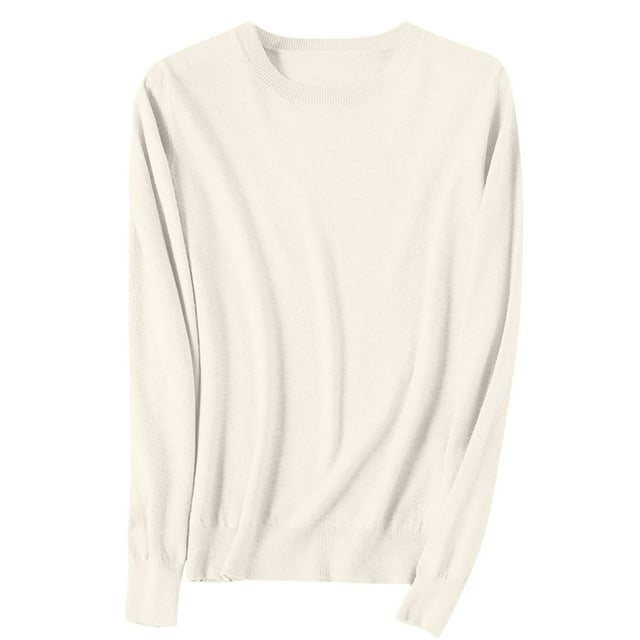 Dagegui Chandails pour Femmes Unis à Col Rond à Manches Longues Chandail Tricoté Couche de Base Hauts Automne Hiver Chandail à Enfiler Hauts Beige,G