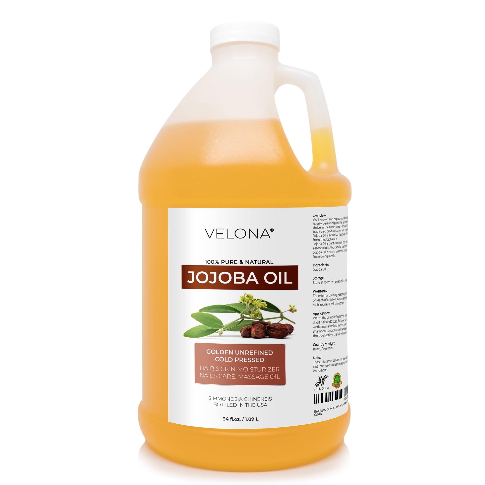 velona Jojoba Oil - 64 fl oz , Unrefined, Cold-Pressed, Golden, Hexane-Free, Bulk