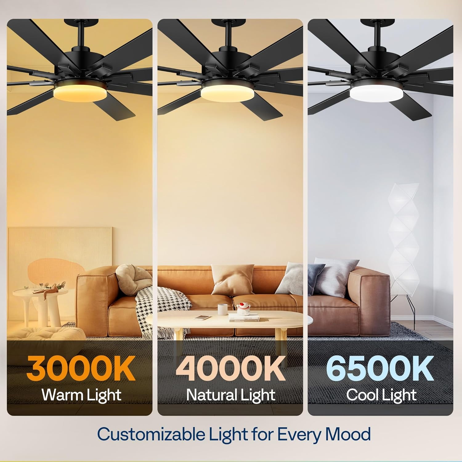 SPECSTAR 72 inch Ceiling Fans with Lights, Flush Mount Ceiling Fan with Remote Outdoor Indoor, Large Black Ceiling Fan for Living Room, Bedroom, Patios, 6+1 Speeds Reversible, 3CCT, Dimmable, Timer