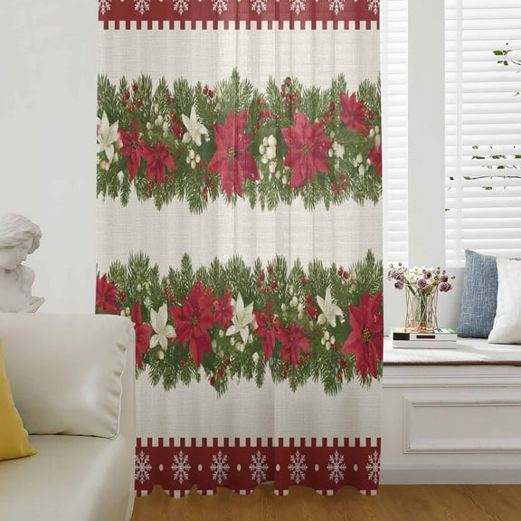 Christmas Poinsettia Semi Sheer Curtains Drapes for Living Room,Bedroom,French Doors Window 108 Inches Long,Red Green Botanical Xmas Snowflake Rod Pocket Chiffon Curtain Voile Drapery Panel