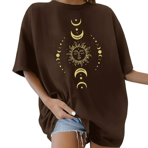 JAKANYQ Female T-Shirts Women's Oversized Vintage Crew Neck Short Sleeve 80s Letter Printed Bow Flowers Sun Moon Pattern Summer Blouse Tops Retro 80s Casual Loose Basic Tee Shirt Stylish Tee