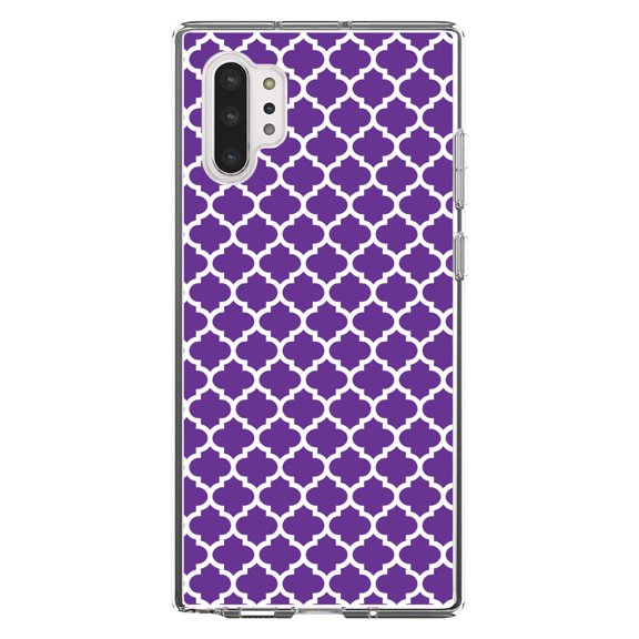 DistinctInk Clear Shockproof Hybrid Case for Galaxy Note 10 PLUS (6.8" Screen) - TPU Bumper, Acrylic Back, Tempered Glass Screen Protector - Purple White Moroccan Lattice