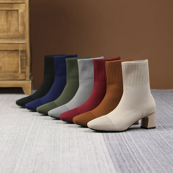 Miluxas Knit Ankle Boots for Women Chunky Block Heel Chelsea Boot Stretchy Breathable Knit Sock Booties for Fall Slip On Comfortable Winter Bootie Wine 9.5(43)