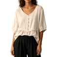 thumbnail image 2 of Yrmaups Loose Fit V Neck Short Sleeve Peplum Top for Women, Casual Ruffle Blouse, Soft Breathable Summer Basic Tee for Home Office Travel Daily Wear, Beige 2XL, 2 of 5