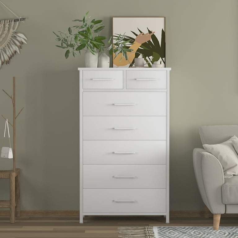 IKENO Industrial Style Tall Chest, 7 Drawer White Dresser with