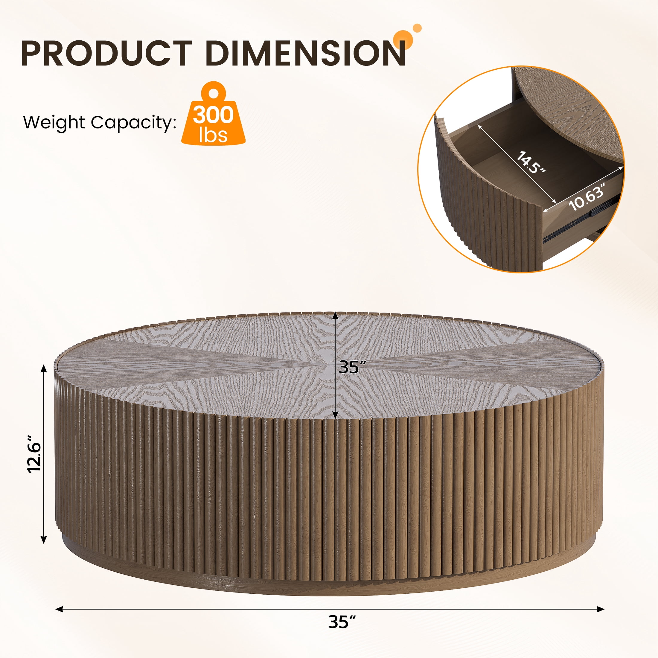 Gelloan 35" Round Coffee Table with Two Drawers，Circle Coffee Table Space-Saving Multiple Purpose for Living Room，Dining Room and Home,Brown