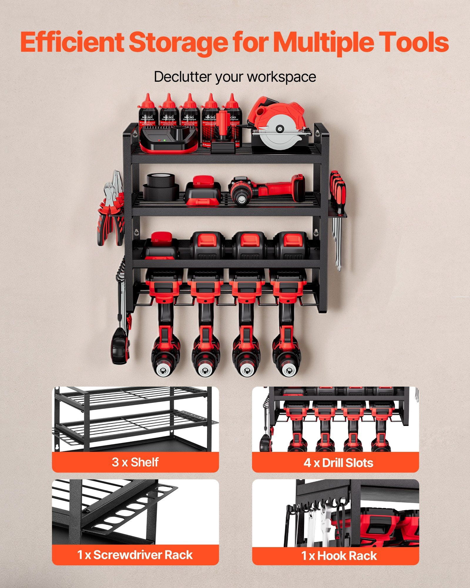 Power Tool Organizer Wall Mount, 4-Layer Storage Rack with 4 Drill Holders, Tools Holder and Storage Rack with Screwdriver Holder, Garage Tool Organizer for Garage, Workbench, and Workshop