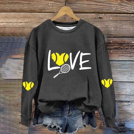 Baqcunre Womens Hoodies Women s Love Tennis Casual Hoodie Long Sleeve Sweatshirts Soft Printed Shirts Women s Winter Sweatshirt Tops Crewneck Sweatshirts Plus Size Tops Grey XXL