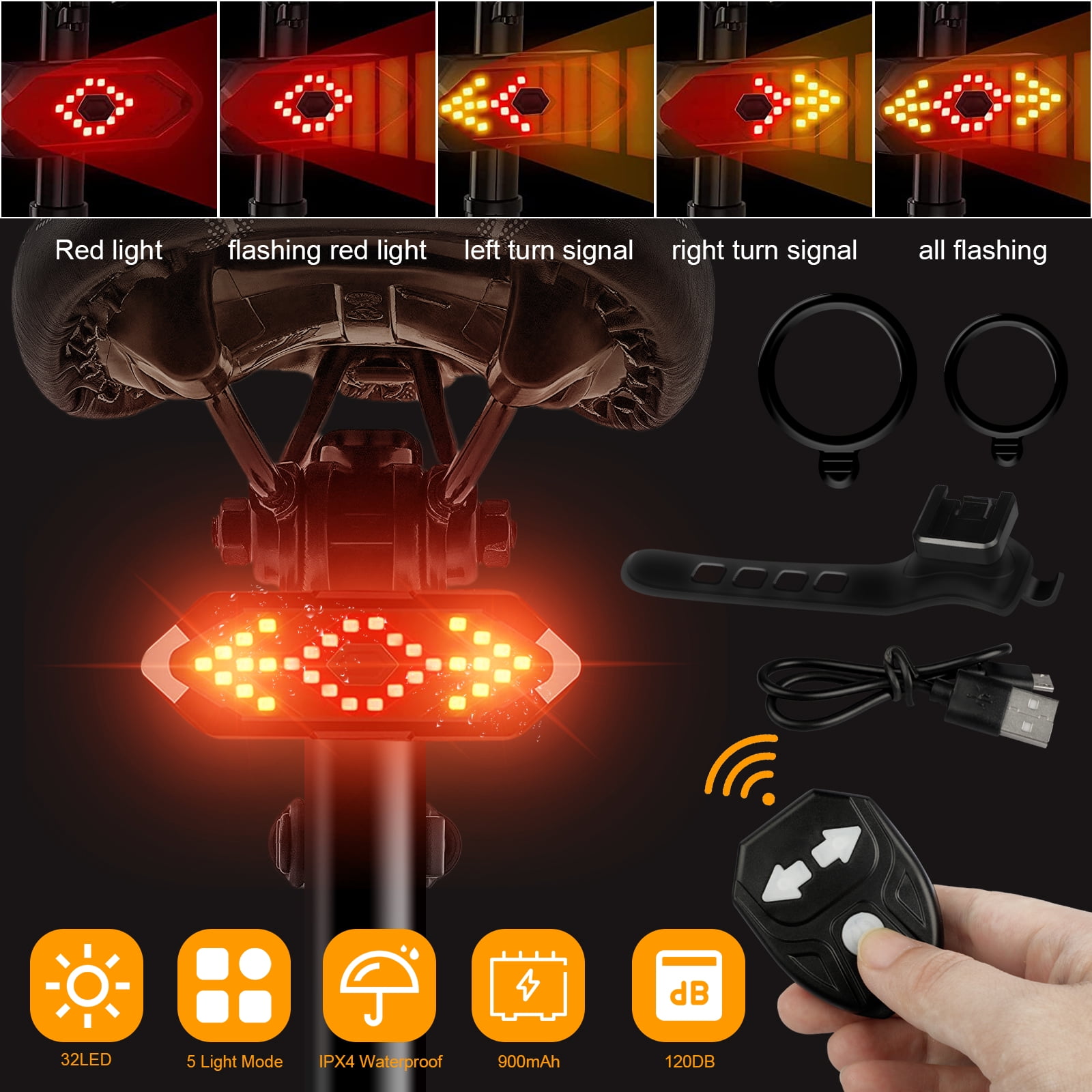 USB Rechargeable LED Waterproof Light Warning Light with Wireless Remote Control 5 Light Mode Bicycle Indicators Fancyes Bike Tail Light Turn Signal Lights