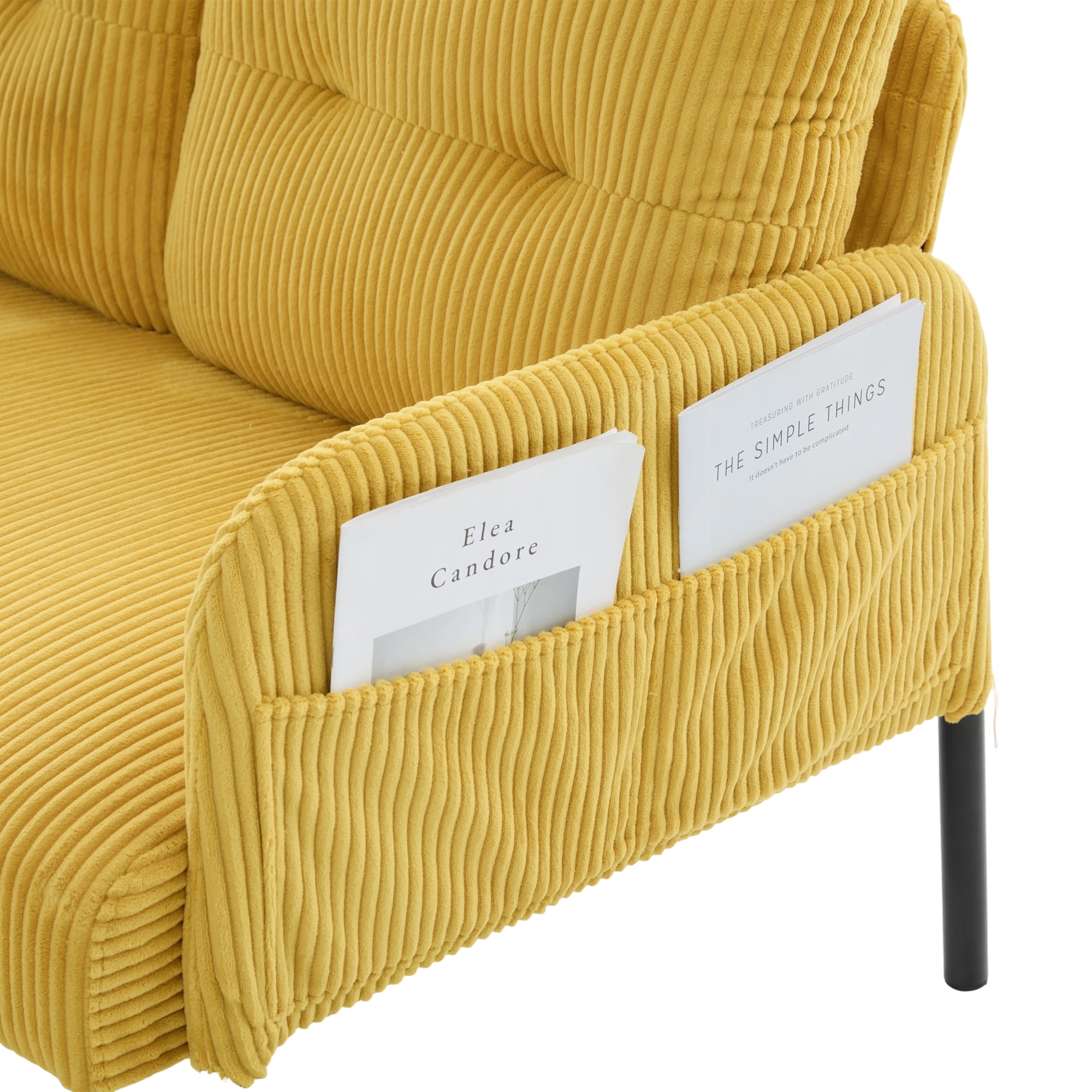 Loveseat, Small Sofa, Couch, Oversized Corduroy 2-Seater Sofa with Side Storage Pockets and Sturdy Metal Legs for Apartment, Dorm or Living Room, Mustard Yellow