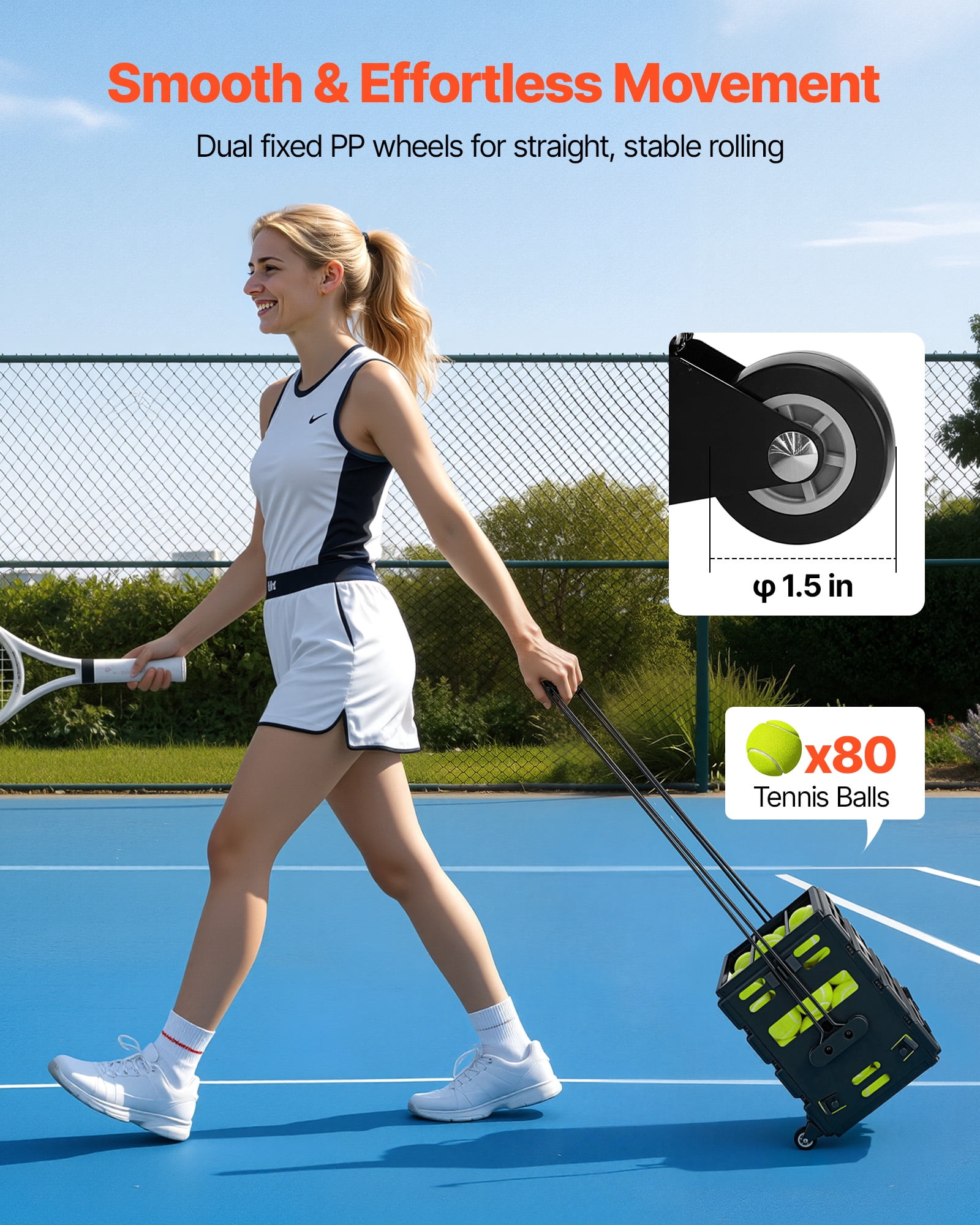 VEVOR Tennis Ball Hopper, Holds 80 Tennis Balls, Pickleball Basket Cart with Wheels for Easy Pick Up, Portable Pickleball Collection Caddy with Heavy-Duty Construction, for Training Carrying Storage
