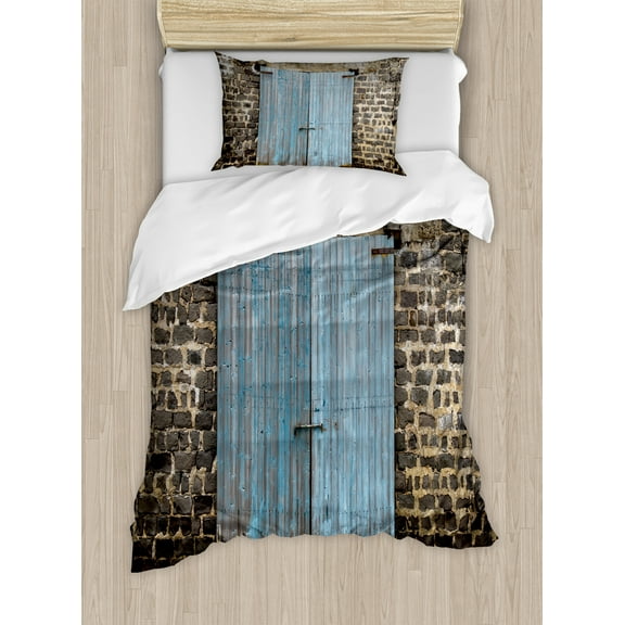 Rustic Duvet Cover Set, Stone Wall of Dated Closed Barn Gothic Medieval European Urban City Town Scenery, Decorative 2 Piece Bedding Set with 1 Pillow Shams, Twin Size, Blue Grey, by Ambesonne
