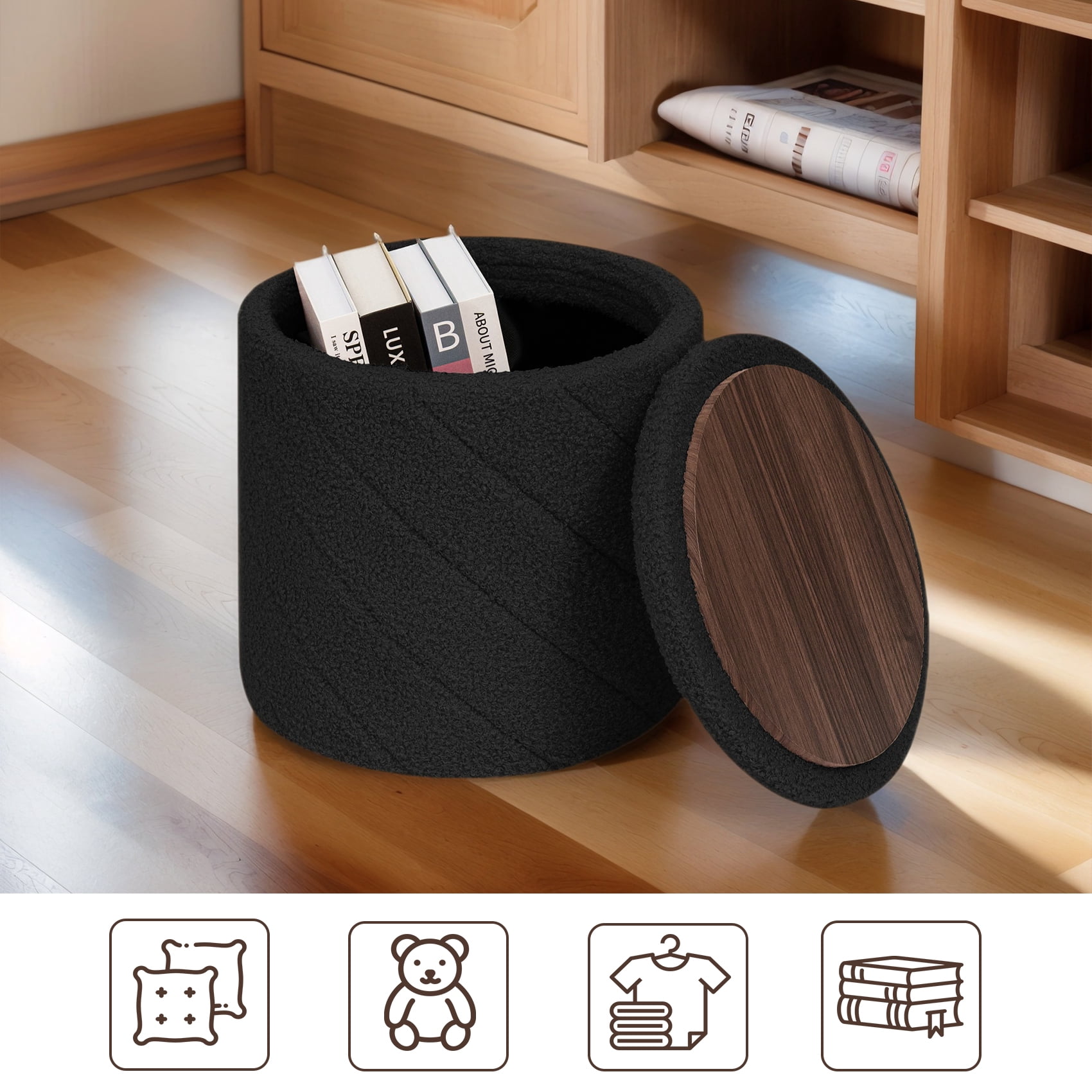 PINPLUS Small Storage Ottoman with Tray Collapsible Foot Rest Stool Seat for Living Room Black,Sherpa Fabric
