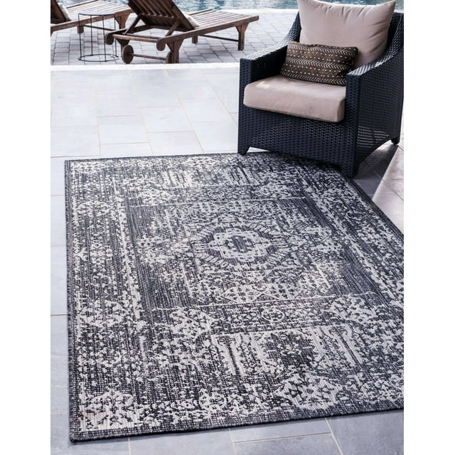 Unique Loom Traditional Collection Distressed Vintage Medallion Transitional Indoor and Outdoor Flatweave Area Rug, 5 x 8 Feet, Dark Gray/Ivory