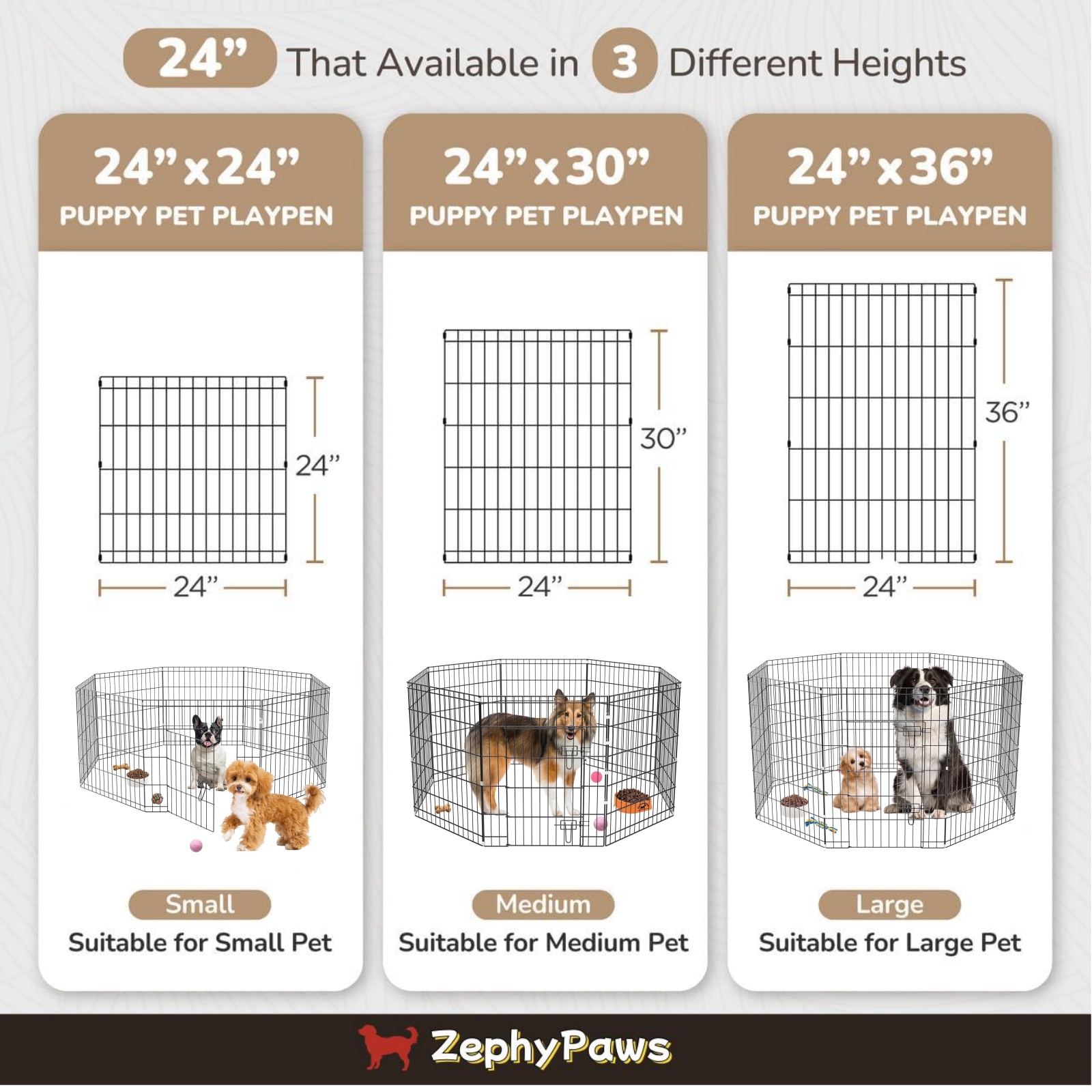 ZephyPaws Foldable 8-Panel Dog Playpen for Indoor Outdoor, 36" Pet Fence with Door, Rustproof & Expandable Puppy Pen for Small/Medium/Large Dogs, Rabbits, Ducks - Quick Assembly for Yard, RV, Travel