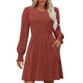 thumbnail image 3 of Swuxness Women Long Sleeve Knit Dresses, Women Casual Mini Dresses, Women's Solid Color Casual Crew Neck Waist Dress with Pockets Orange, M, 3 of 5