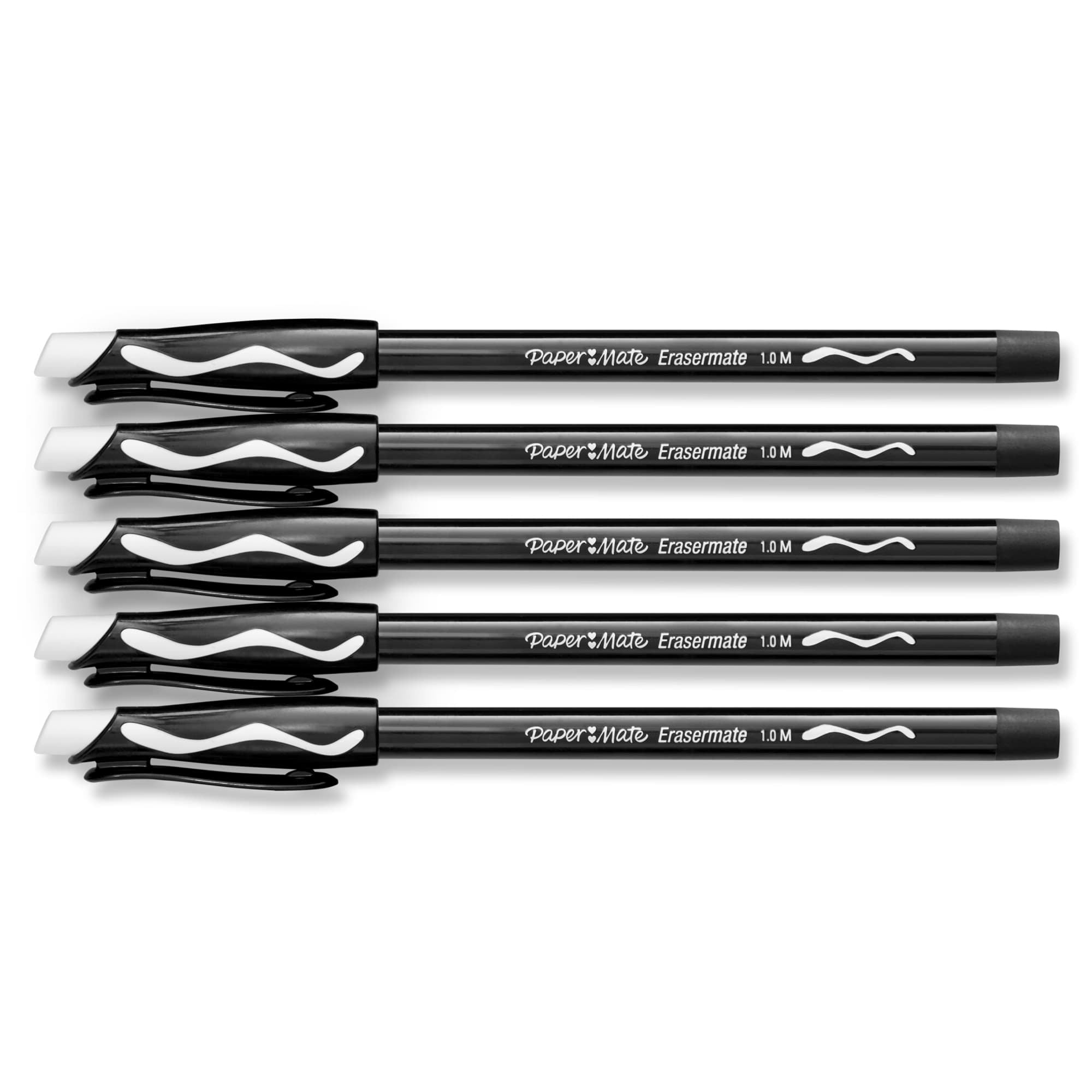 Paper Mate EraserMate Erasable Pens, Ballpoint Pens, Medium Point (1.0mm), Black, 5 Count