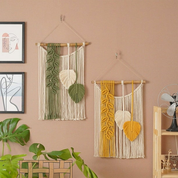 mfyjkho Tapiz de algodón bohemio tejido a mano con flecos de encaje, 59 x 40 cm, ideal para sala de estar, oficina, decoración del hogar, bodas, fiestas o Navidad. Verde y amarillo.