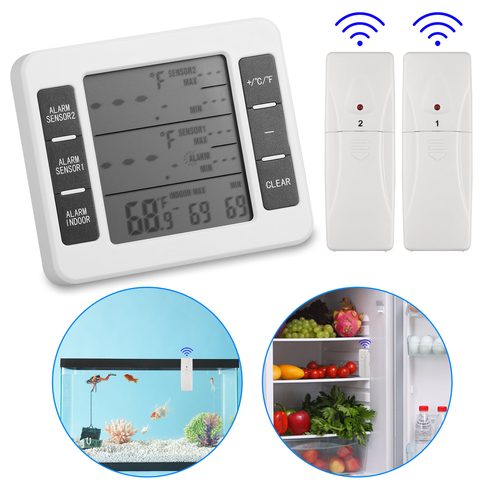 HANBIN Temperature Monitor with External Probe Digital LCD Thermometer for Fridge Freezer Refrigerator Aquarium Black
