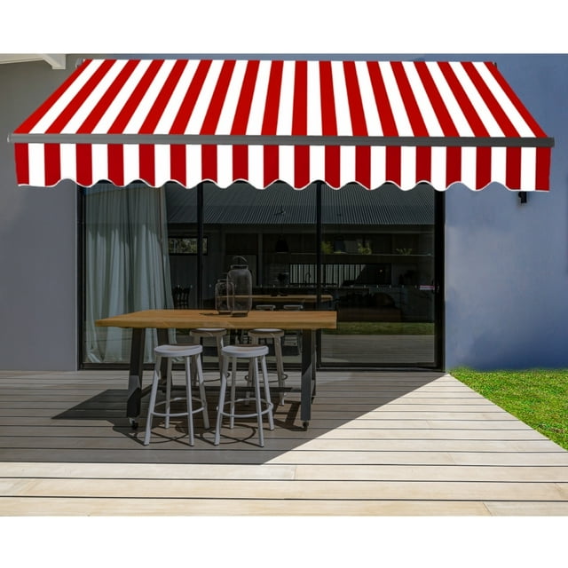 ALEKO Auvent de Terrasse Résidentiel Rétractable à Cadre Noir Motorisé 12 X 10 Pi, Couleur Rayée Rouge et Blanche