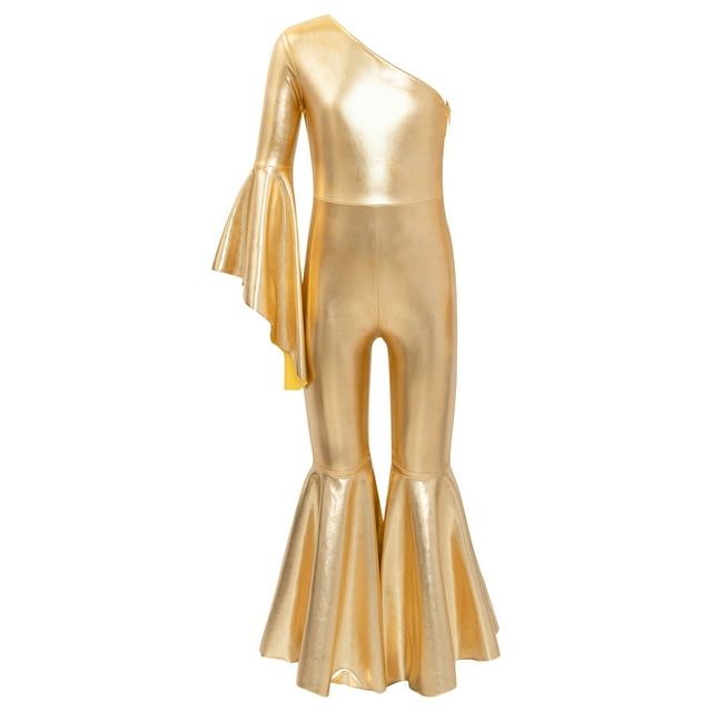 MSemis Girls Hippie Jumpsuit One Shoulder Flared Long Sleeve Bell-Bottom Pants Wide Leg Romper Disco Gold 16