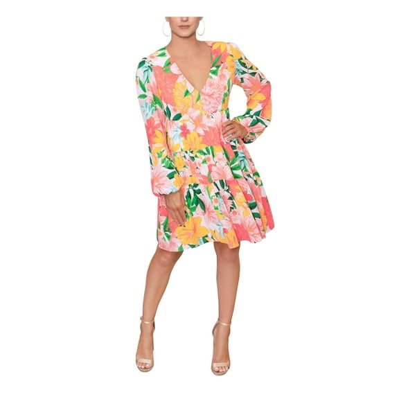 RACHEL RACHEL ROY Womens Yellow Zippered Keyhole Back Tiered Skirt Lined Floral Long Sleeve V Neck Above The Knee Party Empire Waist Dress 4