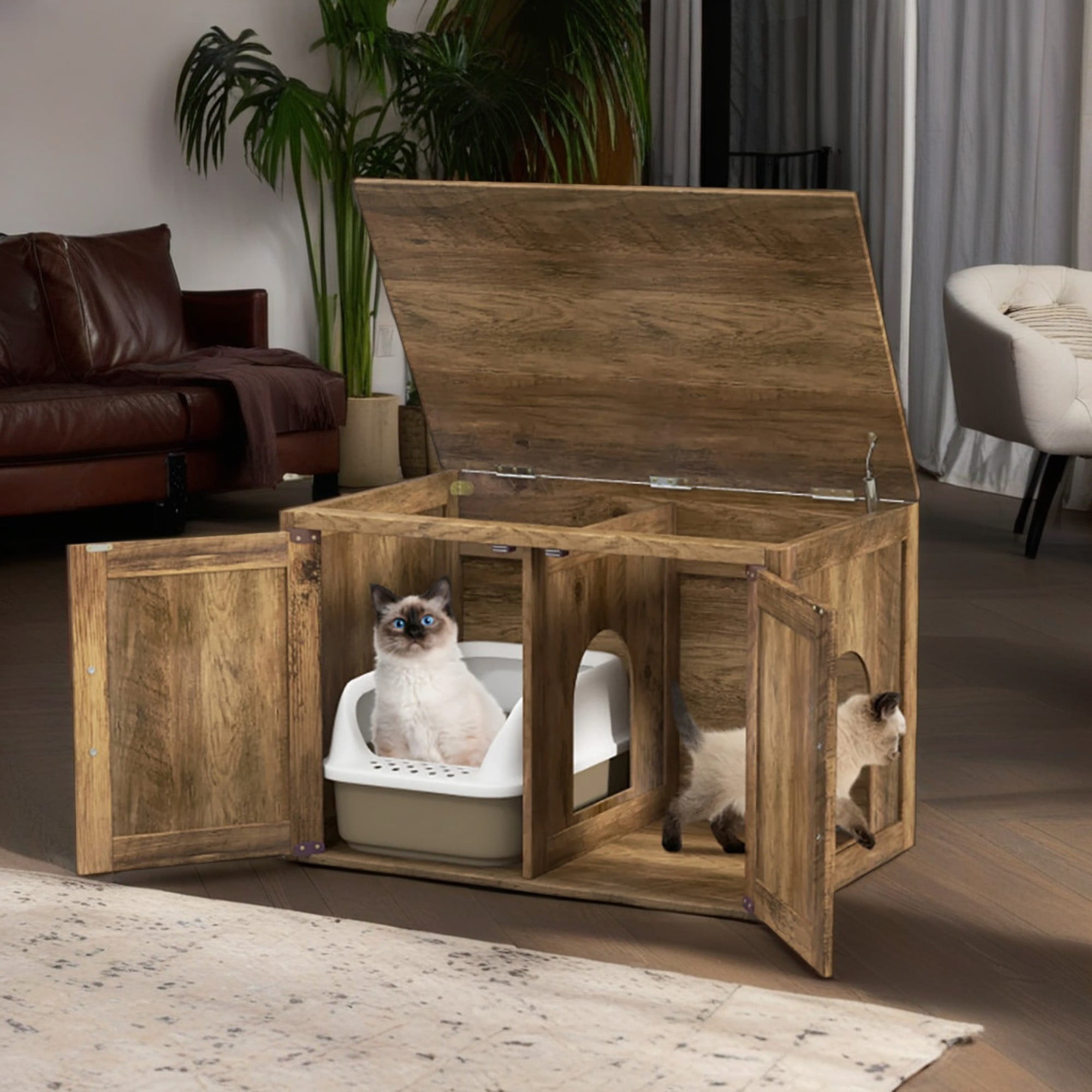 Pefilos 31" Cat Litter Box Enclosure with Double Barn Doors and Removable Divider, Flip Top Hidden Cat House Washroom Furniture, Brown