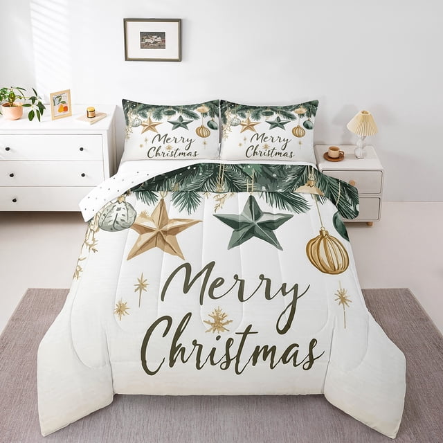 Merry Christmas Bedding Set,Rustic Christmas Tree Comforter Sets Twin Size,Christmas Tree Stars Bed Set,Happy Winter Holiday Down Comforter
