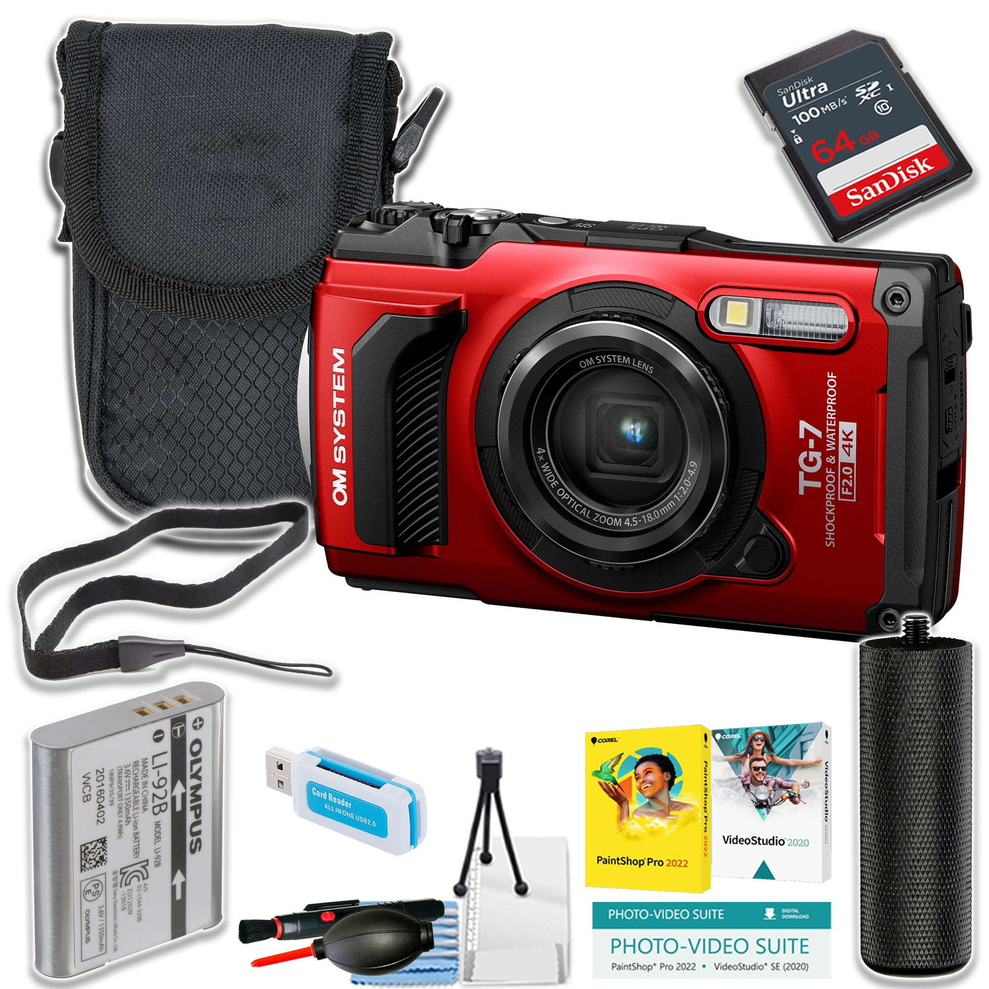OM System OLYMPUS Tough TG-7 Red Underwater Camera + 64GB Ultra Memory Card + Camera Case + Stabilizing Grip + More (12pc Bundle )