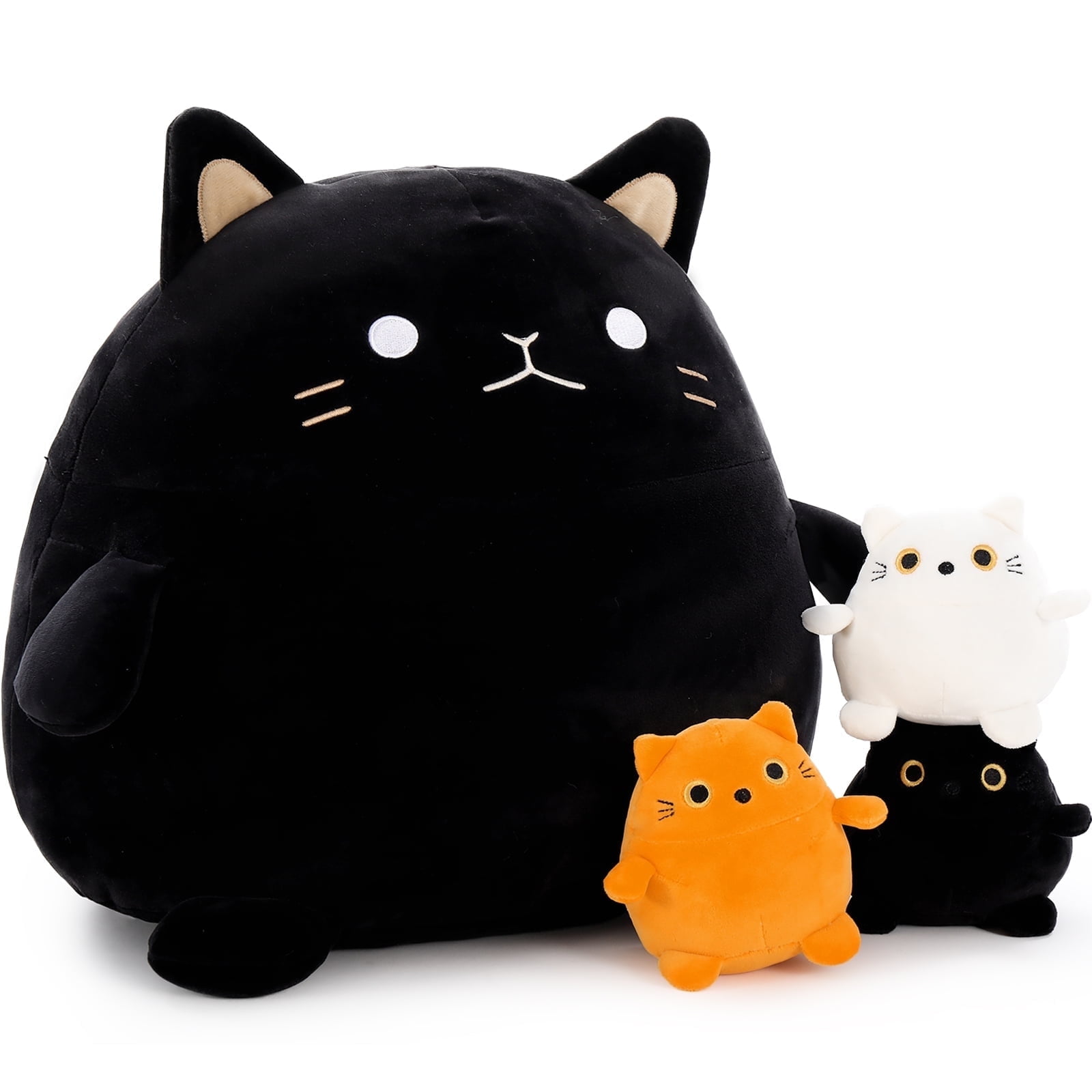MorisMos 16" Black Fat Cat Stuffed Animal Mommy Cat with 3 Kitty Plush Toys