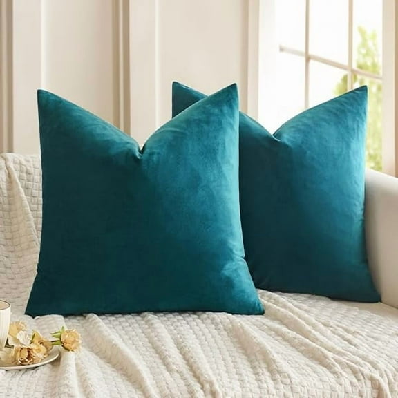 Pack of 2 Teal Velvet Throw Pillow Covers 20x20 Inch Soft Solid Decorative Square Set Cushion Cases for Spring Couch Sofa Bedroom