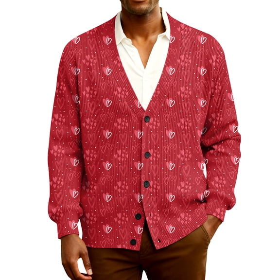 Fgvctg Valentine's Day Cardigan Sweaters for Men Casual Long Sleeve Ribbed Knit Romantic Oversized Coats Love Heart Print Sweaters Button Down Sweater Sweet Spring Clothes Red L
