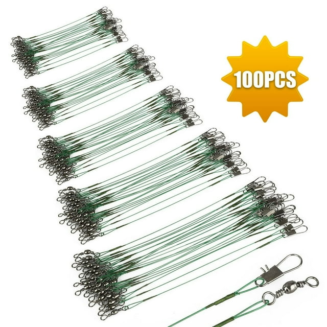 EIGTHTAIL 100PCS Stainless Steel Fishing Line Leaders Tooth Proof Heavy Duty Trace Fishing Leader Wire with Swivels and Snaps 14kg Pull for Connect Tackle Lures Rig or Hooks (Green)