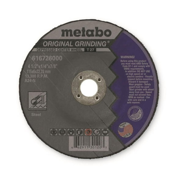 Metabo Grinding Wheel, T27, A24N, 4.5"X1/4"X7/8" US616726000
