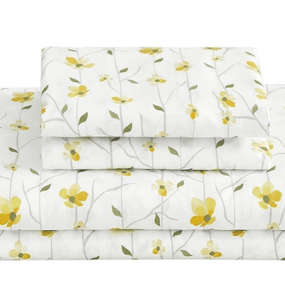 Full Sheet Set Floral Bed Sheets Full Printed Sheets Double - 4 Piece Soft Microfiber Patterned Fitted Sheets Full with 15" Deep Pocket, Yellow Flower