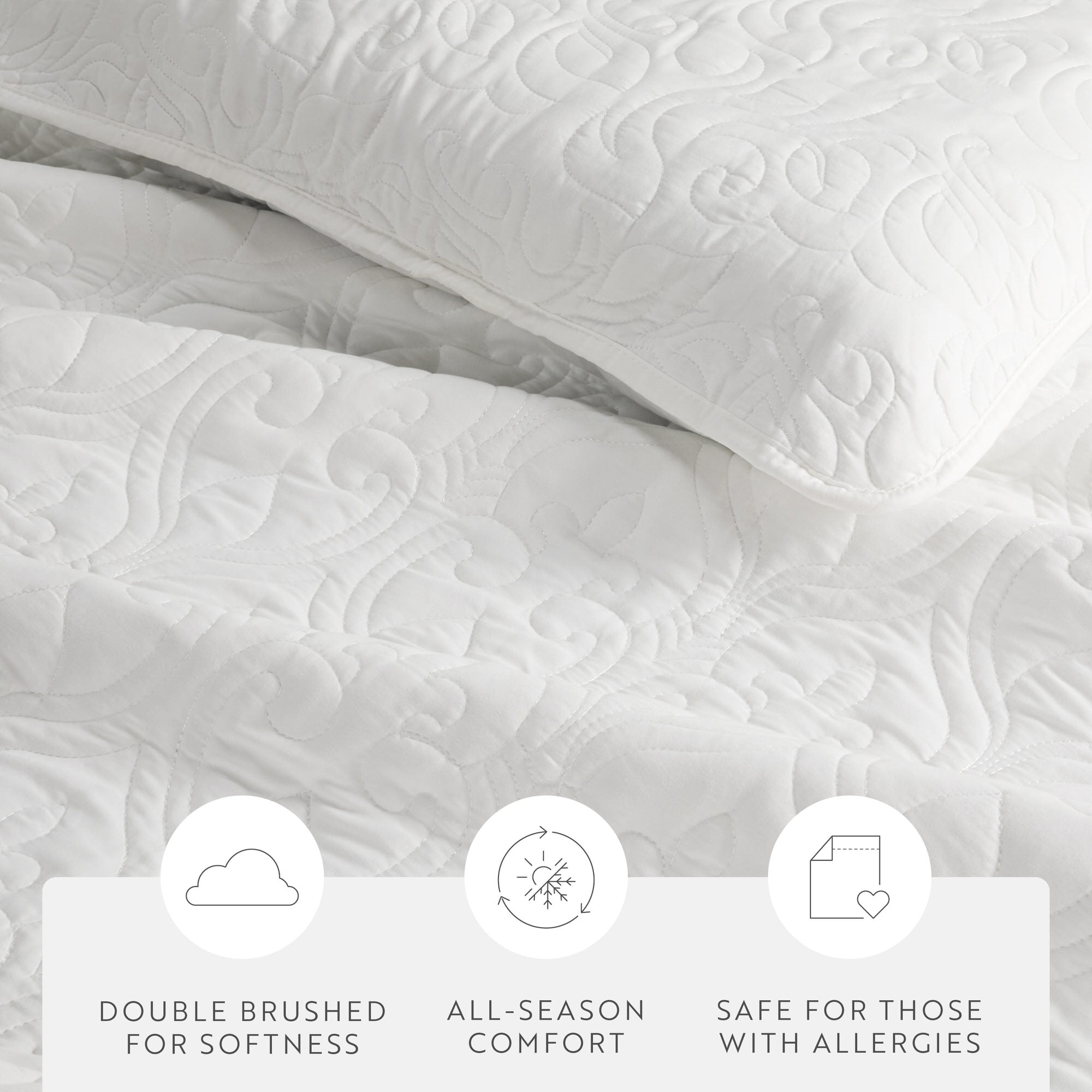 Noble Linens White Damask Pattern Quilted Coverlet Set, Full/Queen