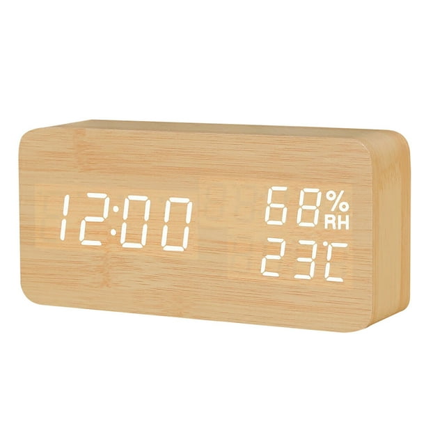 Bewildely Despertador LED Reloj de madera Control de voz Medidor digital de temperatura y humedad USB / AAA Reloj electrónico de escritorio Electrodomésticos Lámpara de bambú blanco