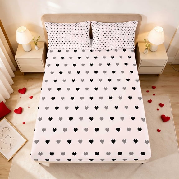 Erosebridal Polka Dot Heart Grid Pattern Twin Fitted Sheet for Girls, Minimalist Dots Love Bedding 2pcs 1 Fitted Sheet and 1 Pillowcase