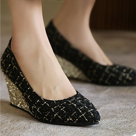 

Women Shoes Houndstooth Sequined Pointed Toe High Heel Thick Wedges Slip-on Fashion Casual