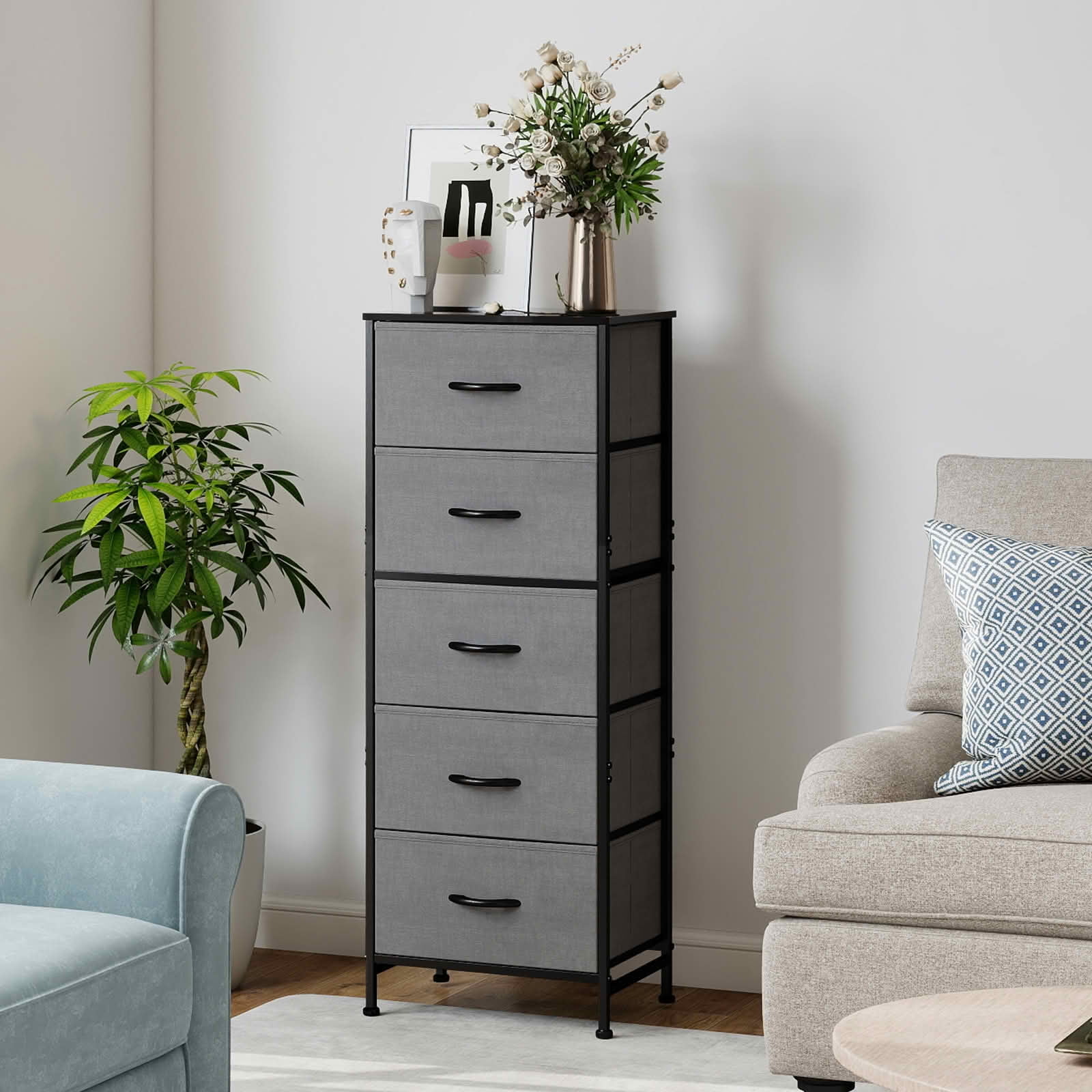 MAYEERTY 5 Drawer Fabric Dresser with Wooden Top, Steel Frame Storage Chest Organizer for Bedroom Nursery Entryway