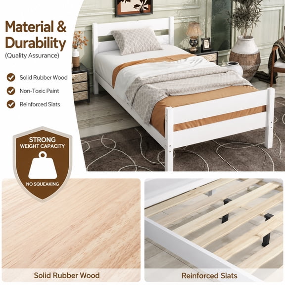 White Twin Bed with Storage Headboard Footboard Solid Rubber Wood Frame